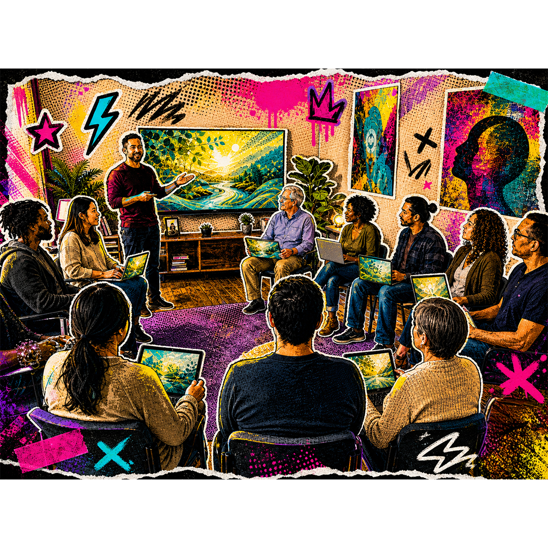 Group therapy session around the shared canvas